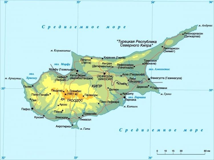Физическая карта Кипра